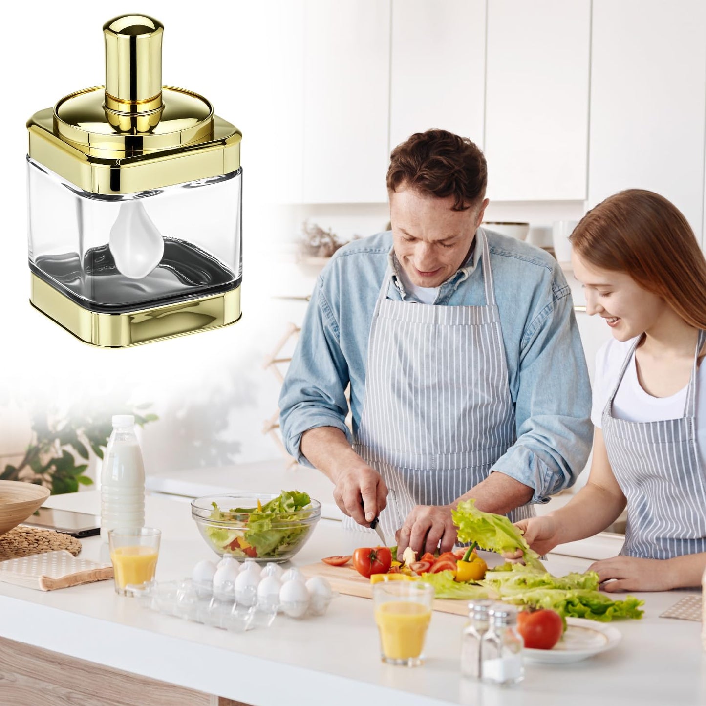 QWORK Glass Condiment Jars with Spoon, 2 Pack 12oz Spice Containers with Gold Lid, Sugar Dispense, Kitchen Containers, Seasoning Box Set for Sugar, Salt, Coffee, Flour & Kitchen Storage