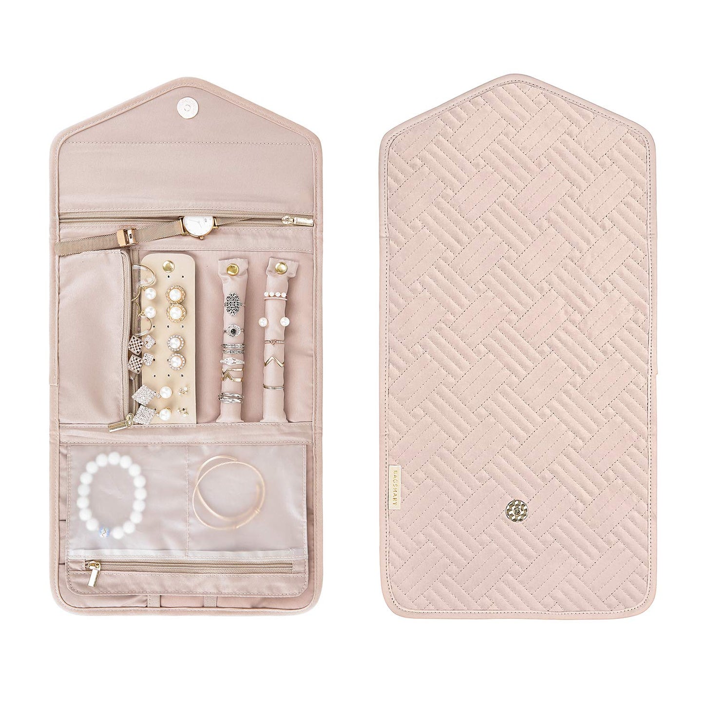 bagsmart Travel Jewellery Organiser, Foldable Jewelry Storage Roll for Journey-Rings, Necklaces, Bracelets, Earrings, (Medium-Pink)