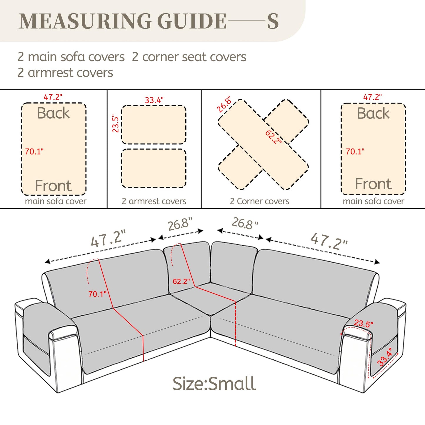 SYJOVIA Sectional Couch Covers for Dogs 100% Waterproof Corner L Shaped Sofa Cover Pet Friendly Velvet Washable Anti Slip L Shape Modular Sofa Slipcover Protector with Pockets (Light Gray, Small)