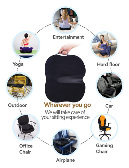Travel Ease Ergonomic Seat Cushion, Premium Memory Foam Chair Pad with Anti-Slip Base for Long Hours Sitting Comfort, Hip Support Pillow for Office Chair, Car Seat, Gaming Chair (Black)