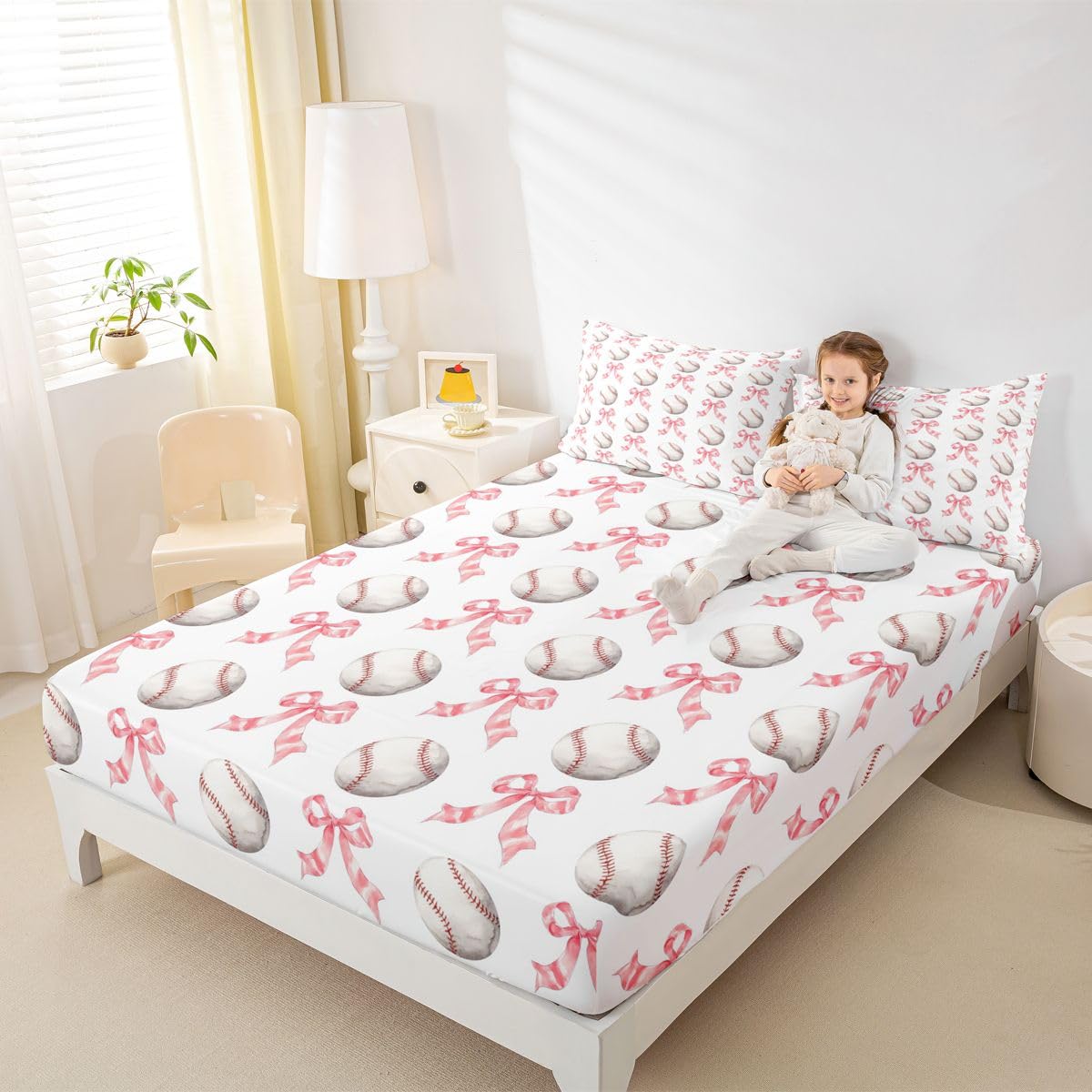 Castle Fairy Pink Bowknots Fitted Sheet Queen Size (No Flat),Baseball Sport Bedding Sets 3Pcs,Girls Boys Adult Room Decor,Ball Sports Bed Sheets Princess Cute Deep Pocket Sheet,2 Pillowcases