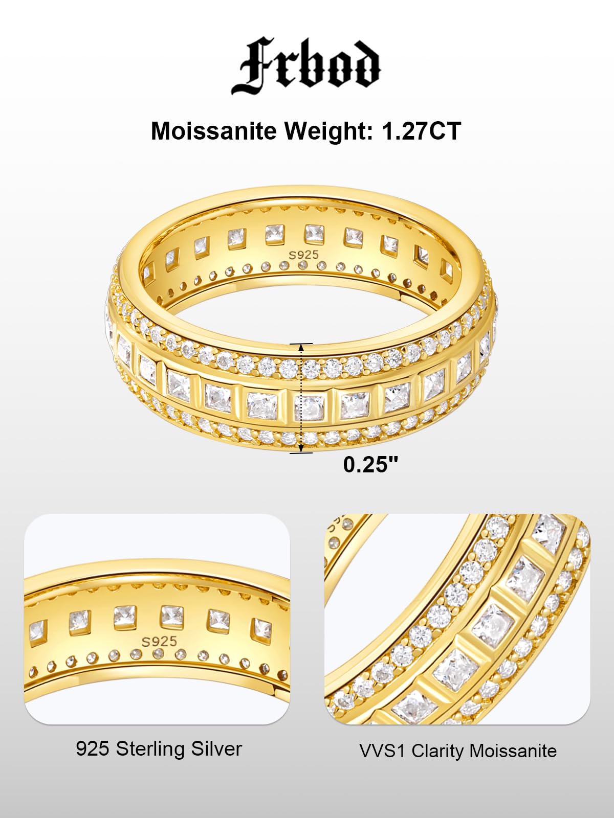 Frbod Moissanite Three Row Ring Diamond Engagement Promise Bands Yellow Gold Plated Eternity Ring for Women Size 6