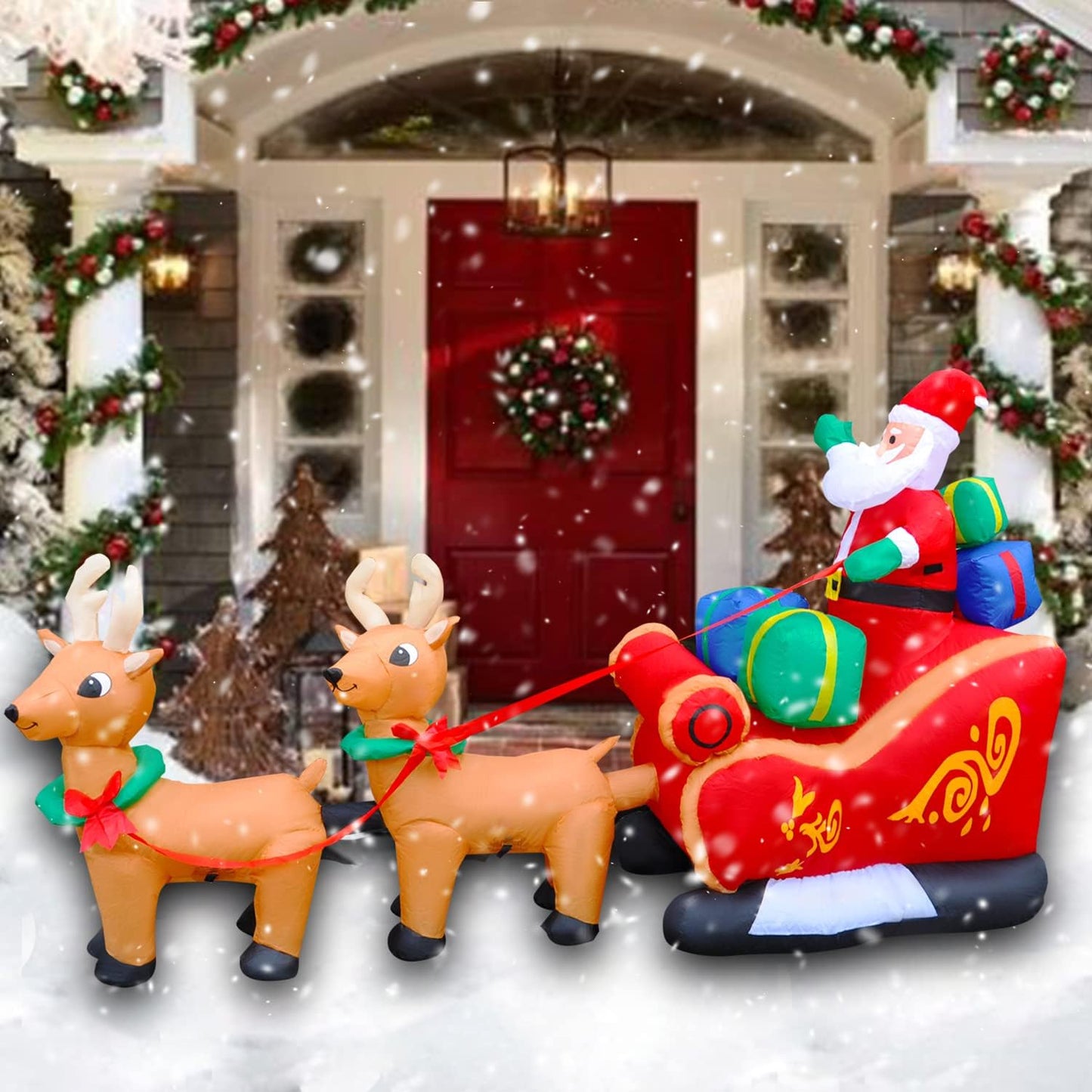 SEASONBLOW 8 Ft LED Inflatable Christmas Reindeer Pull The Sleigh Take Santa Claus Xmas Decoration for Yard Lawn Garden Home Party Indoor Outdoor