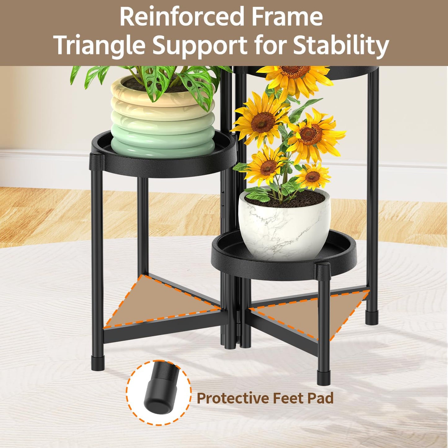 LASZOLA 4 Tiered Plant Stand Indoor Outdoor with Plastic Tray, Corner Folding Tall Flower Display Rack, Modern Plant Holder Shelf for Outdoor Patio Porch Garden Office Living Room, Black