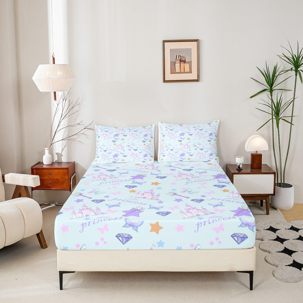 Feelyou Cartoon Castle Fitted Sheet Twin Size for Kids Boys Girls Blue Princess Bed Sheets Set 16" Deep Pocket Soft Breathable Microfiber Cute Butterfly Bedding with 1 Pillowcase Magic Room Decor