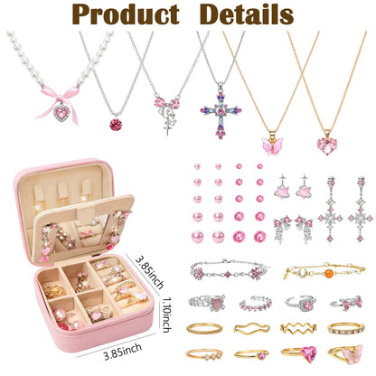 SMUOBT Jewelry Box with Jewelry Set for Women Men - Multi-Layer Organizer Storage Case with Mirror, Necklace Bracelet Hoop/Stud Earrings Rings Gift Set for Her Him, Unique Birthday Party Gift