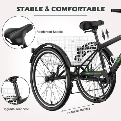 H&ZT Adult Tricycle, 3 Wheeled Bike, Trike Cruiser Bike, with 7-Speed Gear, Parking Brake Handle, Low Step, Large Rear Basket, Elderly Friendly, for Men, Women, and Teens