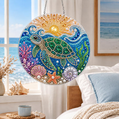DIY Diamond Art Painting Wreath Kits，Special Shaped Rhinestone Hanging Ornament Diamond Art Window Pendants for Gift Home Garden Wall Hanging Kits,Double Sided (sea Turtle)