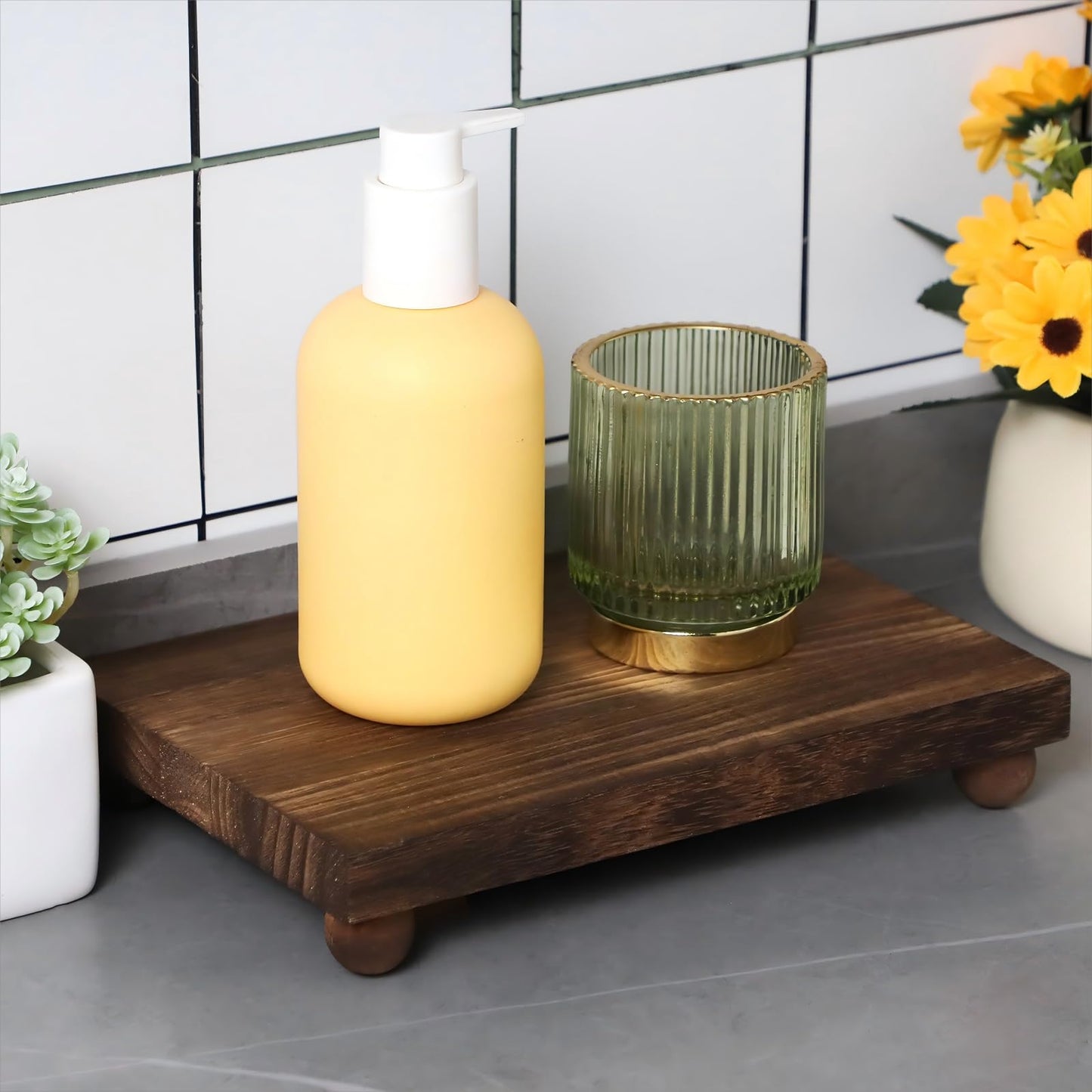 Amyhill Wood Pedestal Stand Kitchen Soap Tray Farmhouse Wooden Riser Stand for Kitchen Bathroom Counter Table Decor Plant Candle Vases Display(Classic,Dark Brown,12 x 7 Inch)