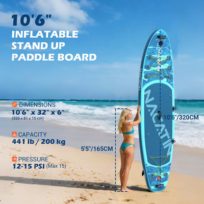 NACATIN Inflatable Stand Up Paddle Board for All Skill Levels, 10'6'' SUP Board for Adults with Non-Slip Deck, Full SUP Accessories & Kayak Seat, Great Stability for Lake, Ocean, Yoga & Fishing