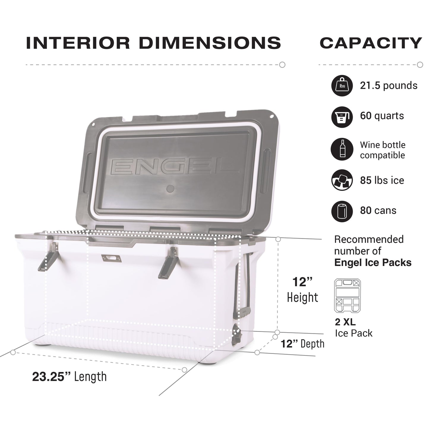 ENGEL 60 QT Ultra-Light Injection Molded Cooler - Ice Chest Keeps Ice up to 7 Days - Large Cooler Includes Wire Basket, Divider and Built-in Bottle Opener - White with Dark Grey Interior (White)