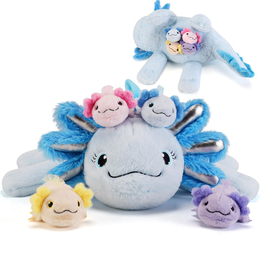 gnomantic 5 Pieces Axolotl Stuffed Animals with Babies Inside Belly - 1 Mommy Stuffed Axolotl with 4 Babies - Blue Axolotls Plush Toy for Kid Age 3-8, Gift Ideal for Christmas, Valentine's, Birthday