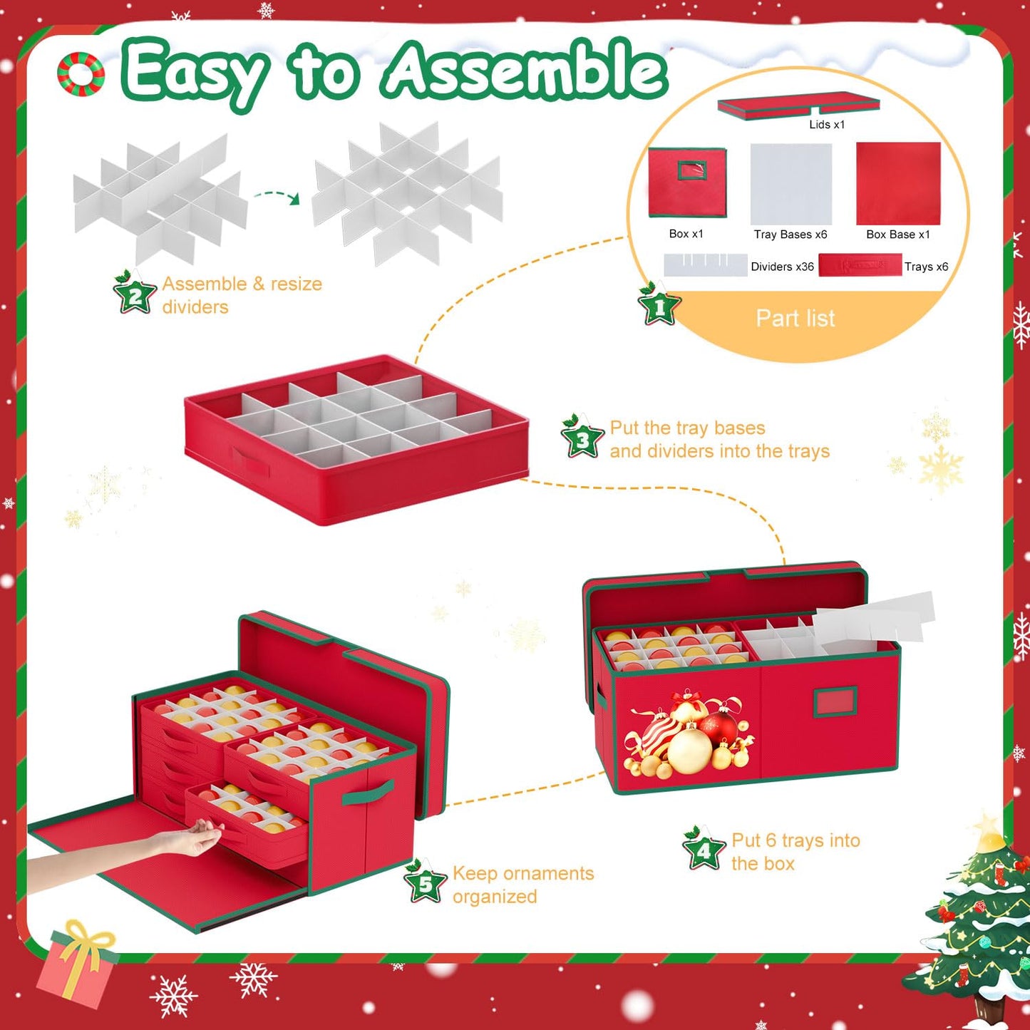 FUHSY Christmas Ornament Storage Box 96-3" Slots Adjustable Dividers Ornament Storage Container Ornament Organizer with Trays Stackable Christmas Storage Bins with Lids Holiday Ornament Boxes