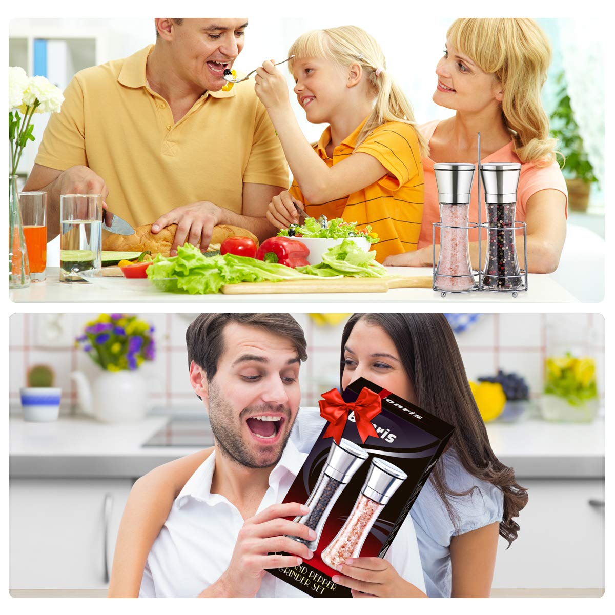 Professional Stainless Steel Salt and Pepper Grinder Set with Stand Manual Spice Adjustable Coarseness with Five Grinding Level Pepper Mill Grinders Shakers Gift Set with Silicone Funnel (Pack of 2)