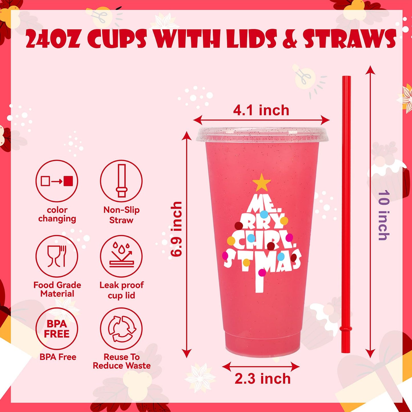 OZMOJOO Christmas Color Changing Cups with Lids and Straws, Reusable Tumblers for Cold Drinks, 5 Pack Holiday Gift Party Cups for Kids, Teens & Adults, 24 oz, Red
