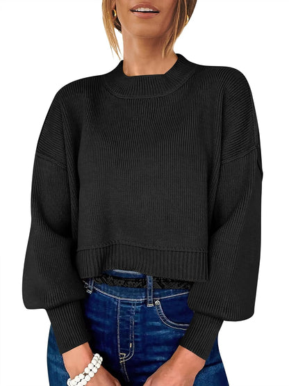 ANRABESS Womens Cropped Sweaters Oversized Crewneck Long Batwing Sleeve Side Slit Ribbed Knit Pullover Tops 2025 Fall Clothes