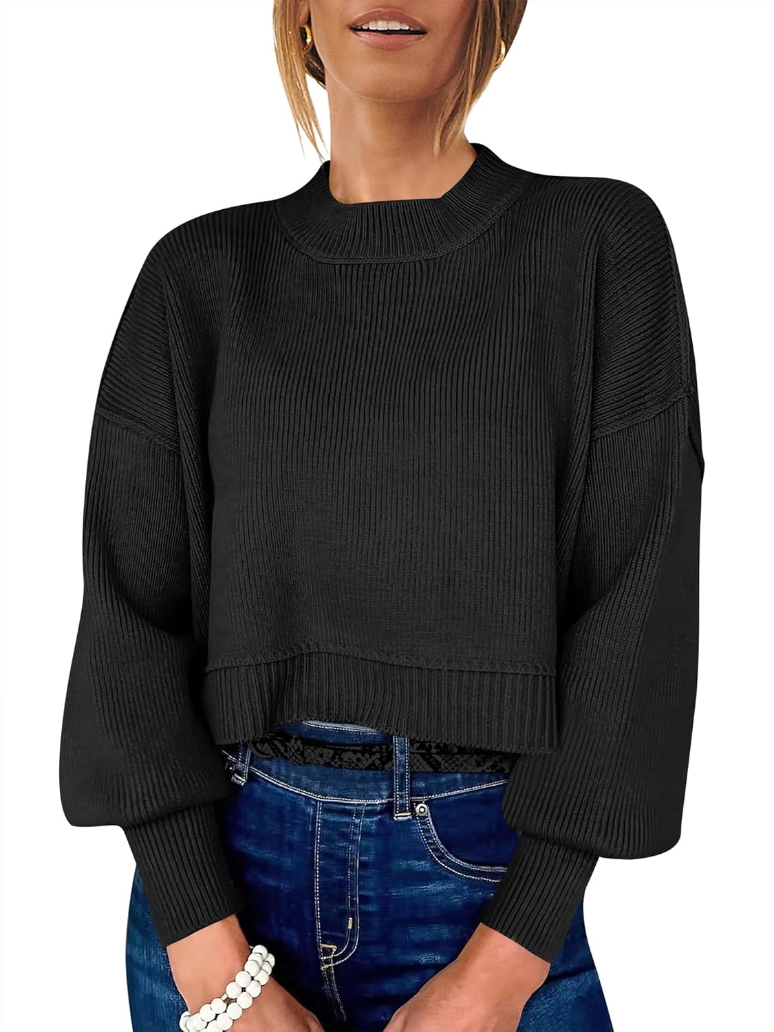 ANRABESS Womens Cropped Sweaters Oversized Crewneck Long Batwing Sleeve Side Slit Ribbed Knit Pullover Tops 2025 Fall Clothes