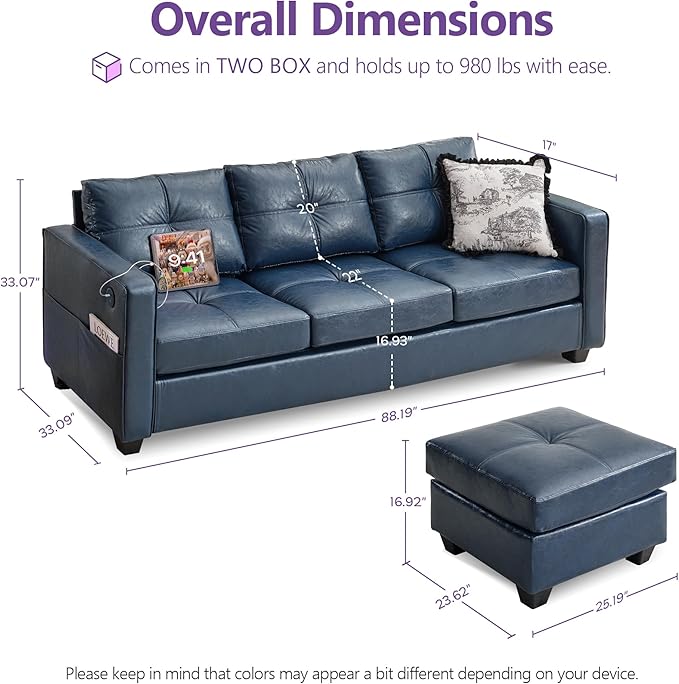 TYBOATLE 88" W Blue Faux Leather L Shaped Sectional Couches w/Side Pockets