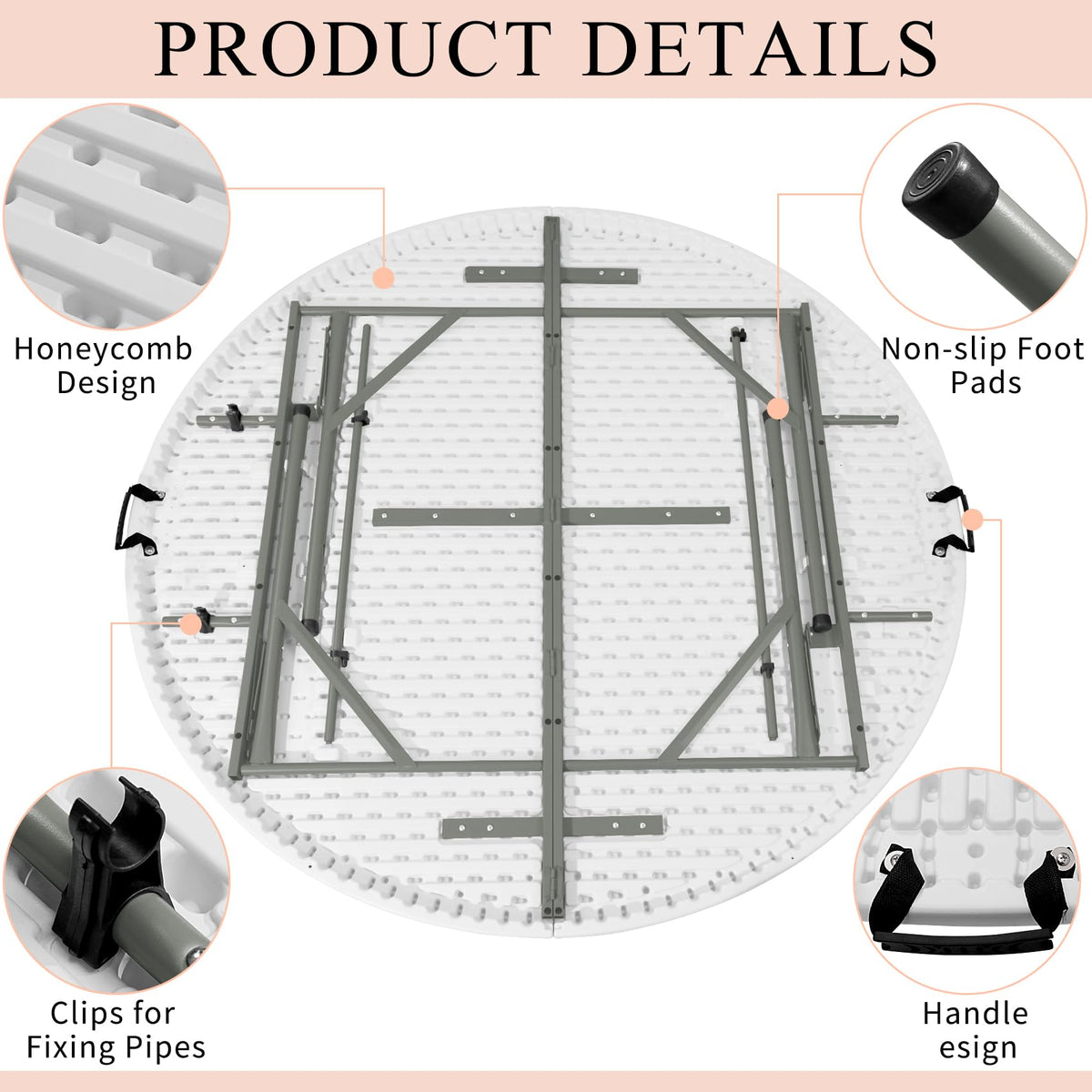 JALANCY 5 FT Round Folding Tables with Carrying Handle 60 inch Heavy Duty Portable Plastic Commercial Table Steel Legs for Party, Dining, Wedding, Events, Picnic Indoor, Outdoor (White,1 Pack)