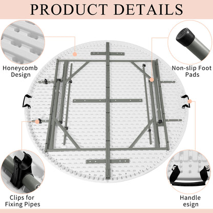 JALANCY 5 FT Round Folding Tables with Carrying Handle 60 inch Heavy Duty Portable Plastic Commercial Table Steel Legs for Party, Dining, Wedding, Events, Picnic Indoor, Outdoor (White,1 Pack)
