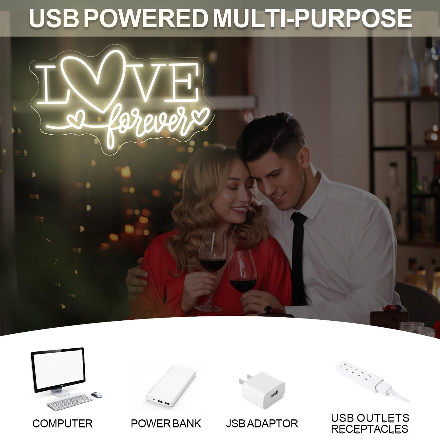 Love Forever Heart Neon Sign, Wedding Party LED Neon Light Valentine's Day Wedding Backdrop Decor Gift For Lover Valentine's Day Gift, LED Romantic Light, Couple Space Accent-Warm White-16.5"
