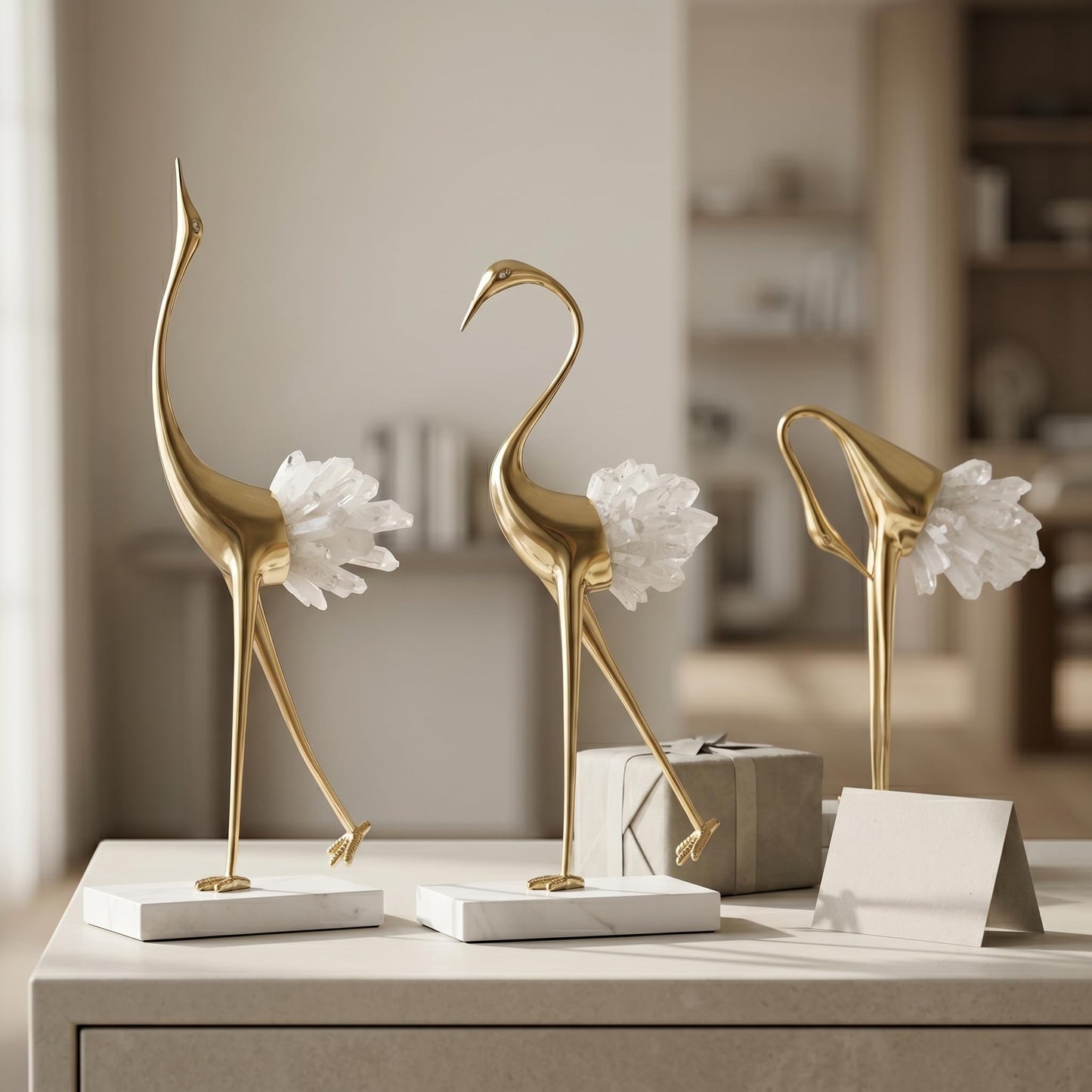 suruim Elegant Gold Crane Bird Statues with Crystal Tail Accents, Decorative Brass Figurines for Home Decor (White A)