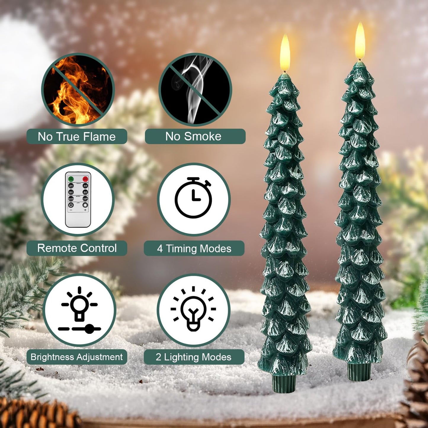ilifemate Christmas Tree Candles Lights with Remote, Flameless LED Candles with Timer, 2 Modes & 2 Brightness, Battery Operated Christmas Decorations for Holiday Table & Mantel Decor 2 Pcs
