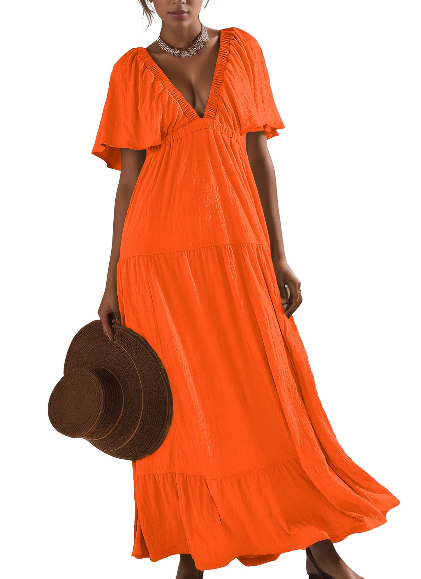 Kikibell Women Summer Dresses Sexy V-Neck Maxi Dress Tiered Silhouette with Flutter Sleeve Backless Elastic Waist Flowy Dress