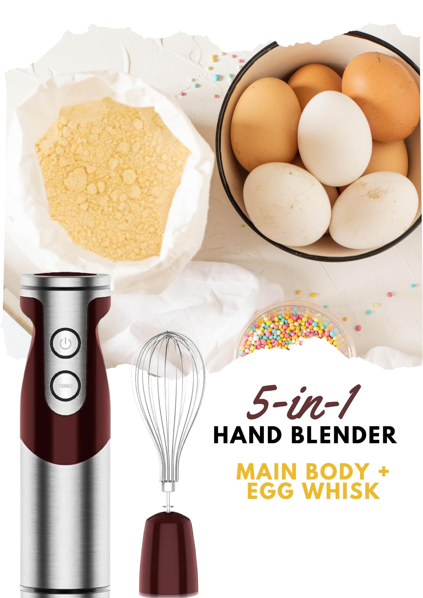 MegaWise Pro Titanium Reinforced 3-in-1 Immersion Corded Hand Blender, Powerful MOTOR with 80% Sharper Blades, 12-Speed Corded Blender, IncludingWhisk and Milk Frother (3-in 1 Red)