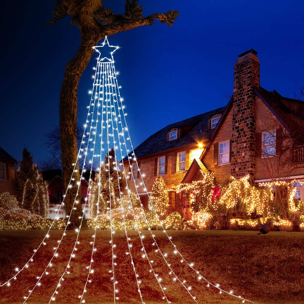 MINIAO Christmas Decorations Star String Lights, 320 LED Waterfall Tree Lights with 13" Topper Star 8 Lighting Modes Indoor Outdoor Decorative for New Year, Holiday, Wedding, Party