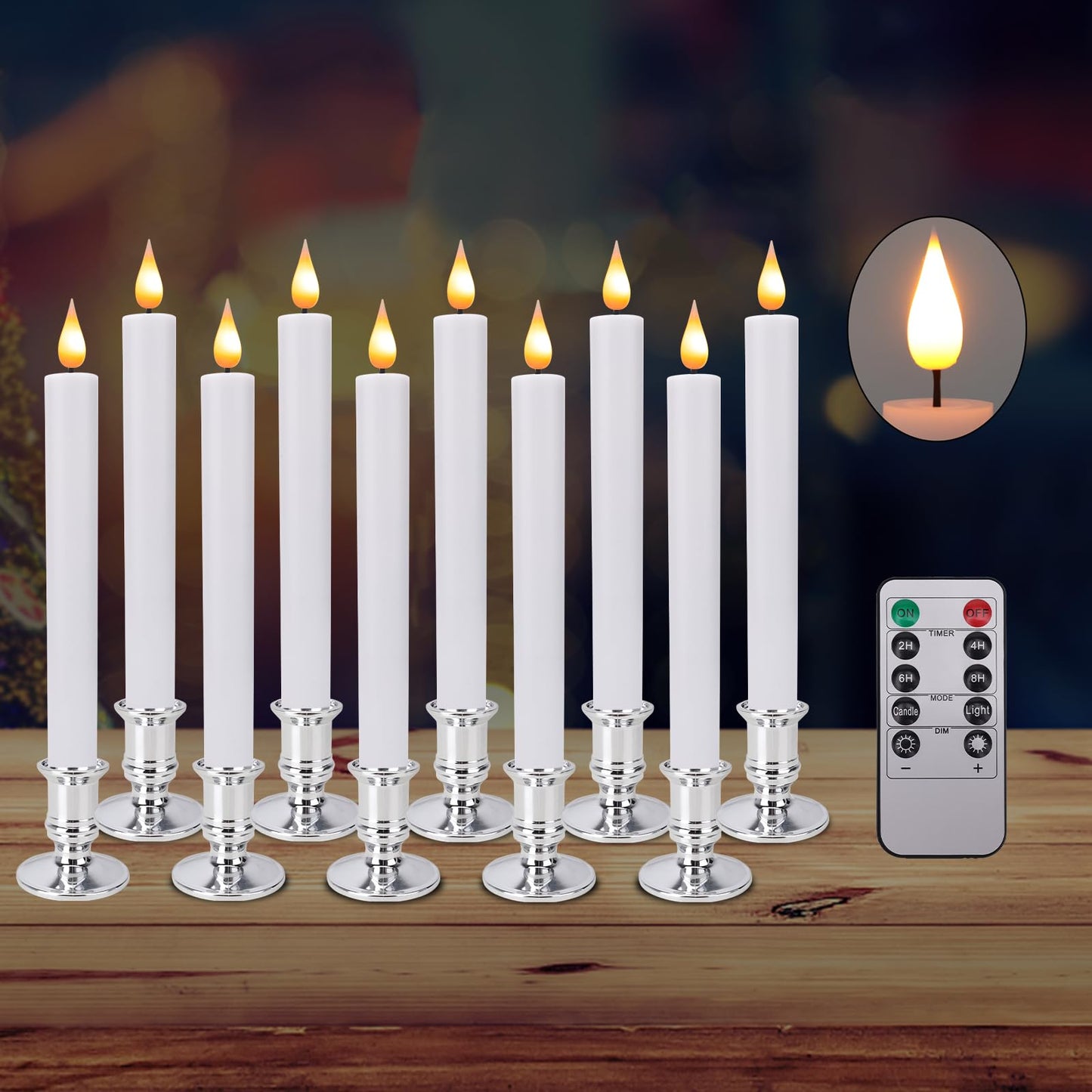 Bolamp LED Flameless Window Candles with Remote Timer Sliver Base 10 PCS Battery Operated Flickering Taper Candle Lights with Removable Candle Holders Best Gift for Xmas Wedding Home Dinner Décor
