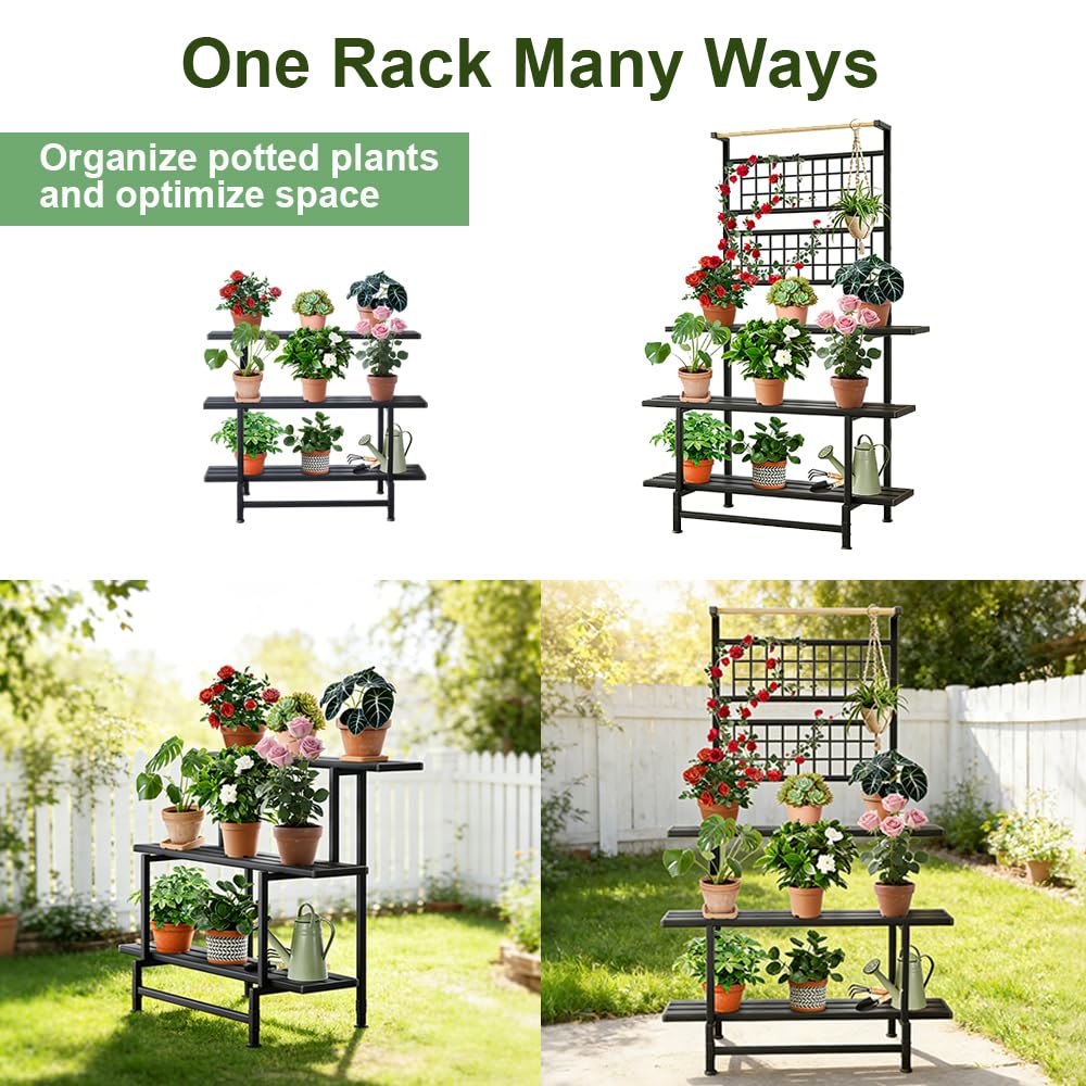 YOBAZAN 3-Tier Metal Plant Stand with Hanging Shelf – Heavy Duty, Waterproof Indoor & Outdoor Flower Rack for Multiple Pots, Balcony, Garden, Living Room – Black