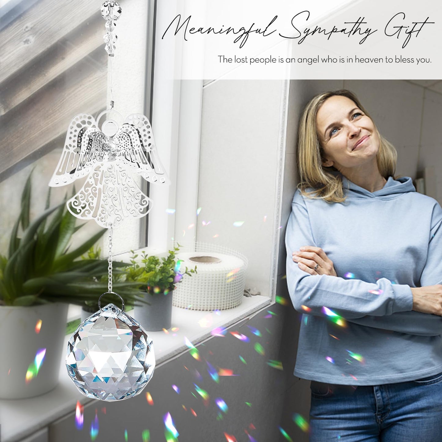 Elivida Memorial Modern Sympathy Gift for Loss of Mom - 3D Angel Design Grief Hanging Ornament With 40mm Clear Crystal Ball Rainbow Maker - Bereavement Idea for Women