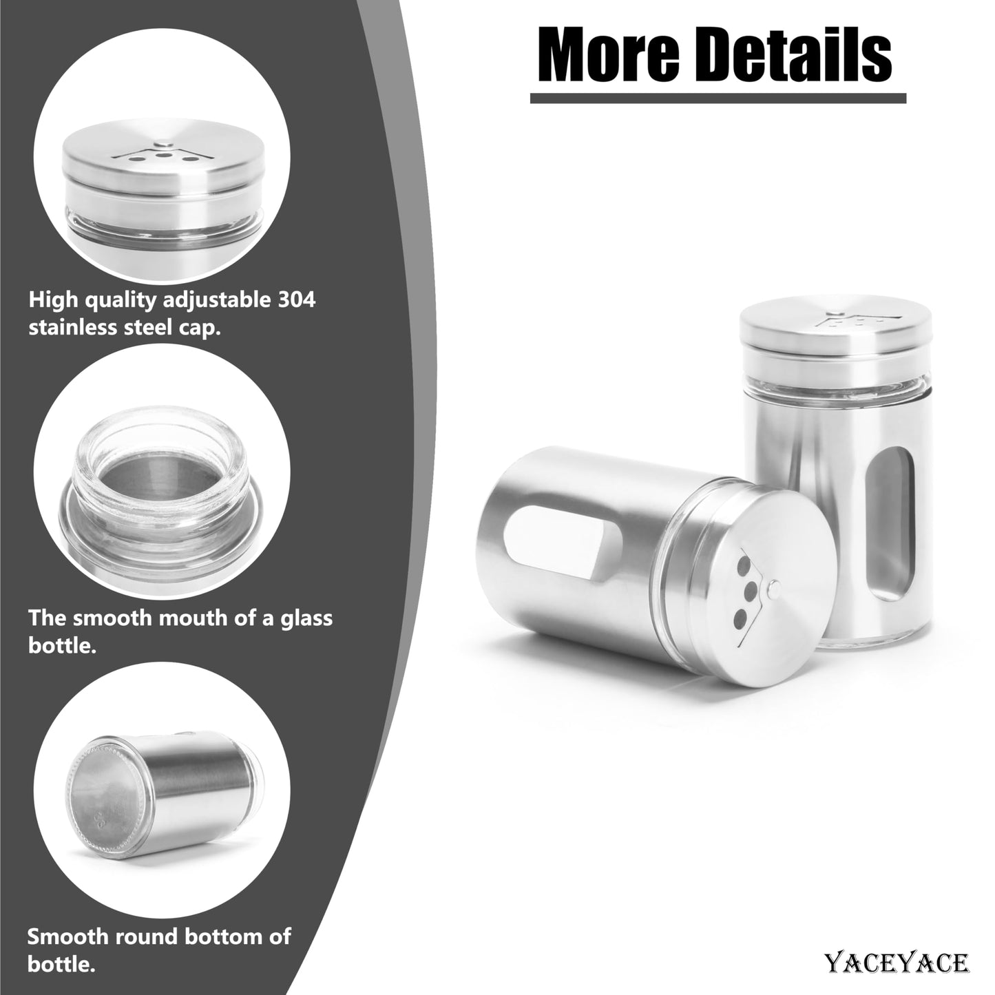 YACEYACE Stainless Spice and Salt Shakers, 6Pcs 3oz Part Clea Salt and Pepper Shakers with Holes and Adjustable Lids, Spice Jars with Label