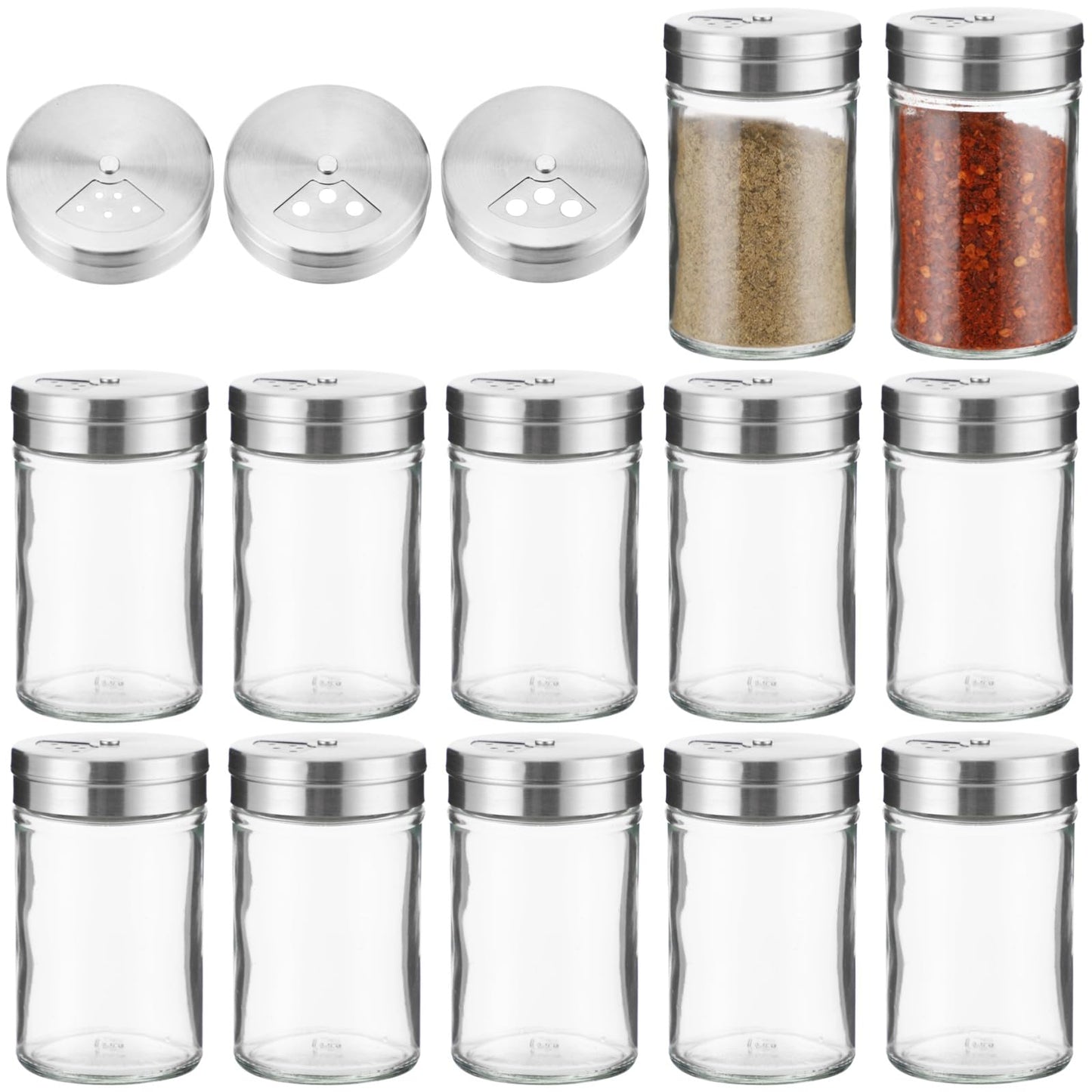 12 Pcs Glass Seasoning Shakers Set, 120 ml / 4 fl oz Spice Shakers with Stainless Steel Lid, Rotating Top Seasoning Containers for Kitchen, Controllable Salt Dispensing Bottle