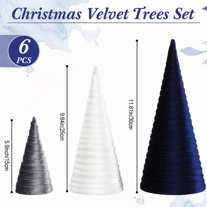 Hoolerry 6 Pcs Christmas Velvet Trees with Gold Pedestal Christmas Velvet Cones Tree Mantel Decor Modern Rustic Winter Home Minimalist for Holiday Entryway Table Wedding Centerpiece(Dusty Blue)