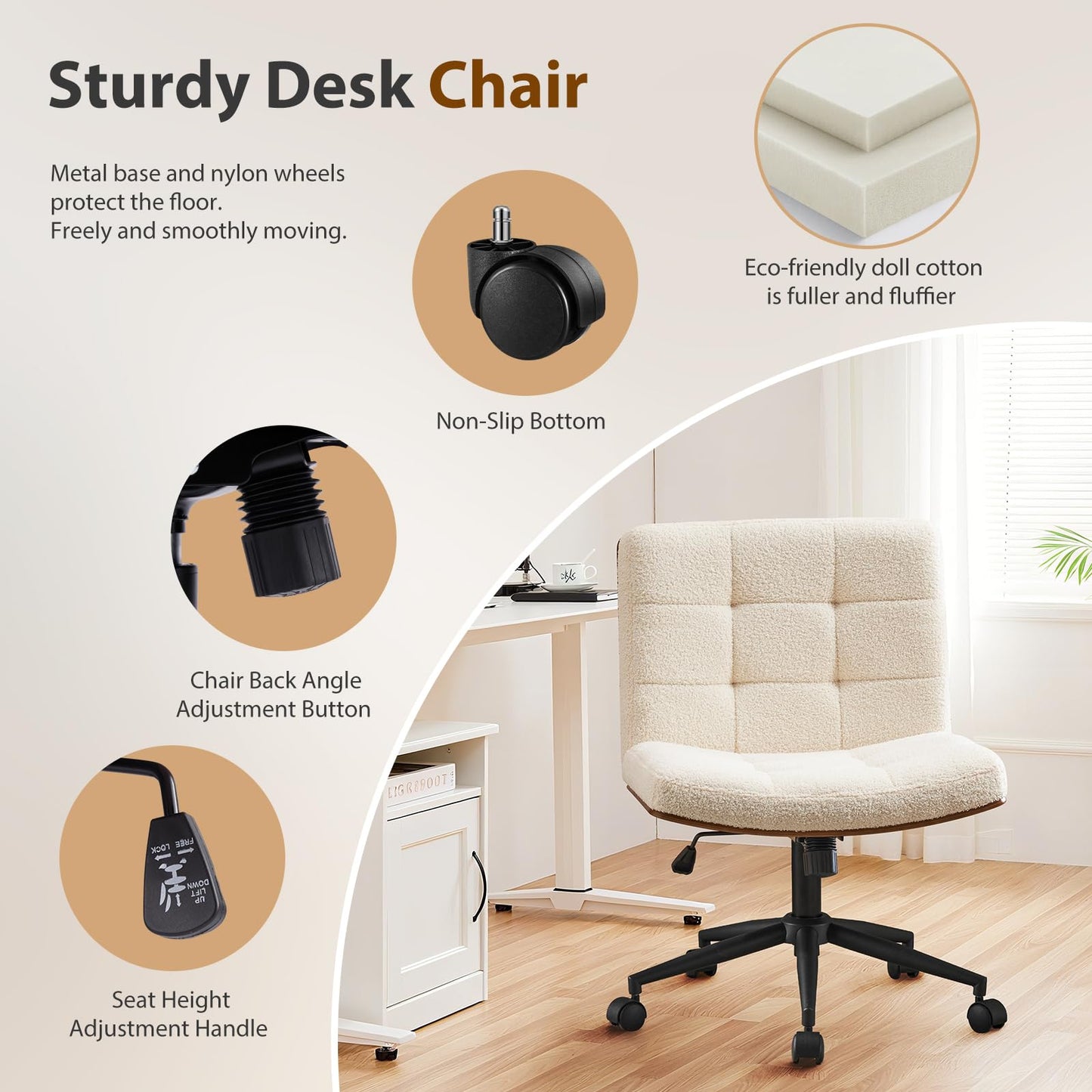 Furnimart Heavy-Duty FSC Wooden Wide Desk Chair, 360° Swivel Criss Cross Office Chair with Wheels, Comfy Cross Legged Sitting, Armless Rolling Chair for Bedroom, Office, Vanity (Faux Fur White)