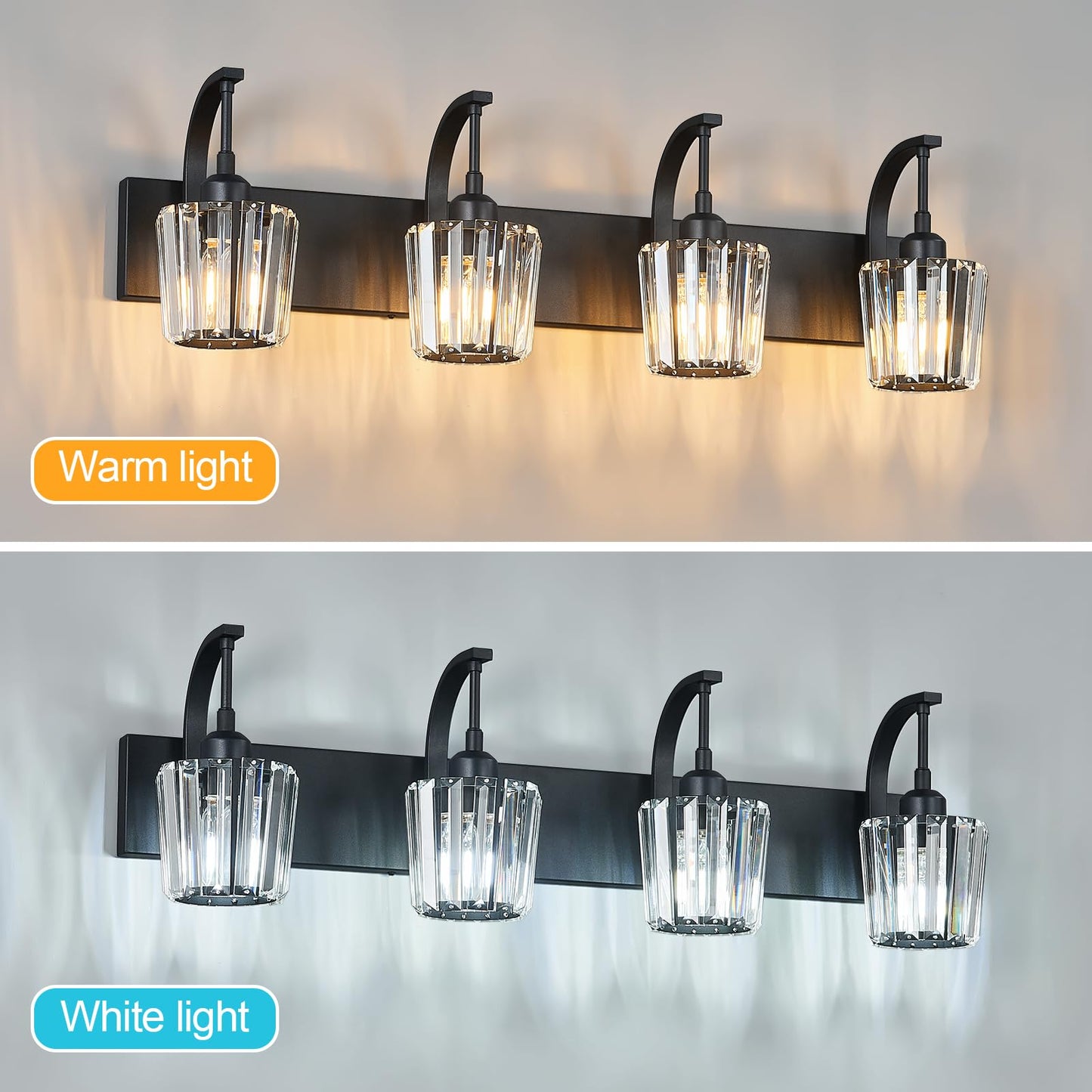 FDPBY Modern Bathroom Vanity Light, 4-Light Black Wall Sconce with Crystal Accents, Over Mirror Bathroom Lighting Fixture, 32.67" Long Dimmable Vanity Lamp for Makeup, Easy Installation