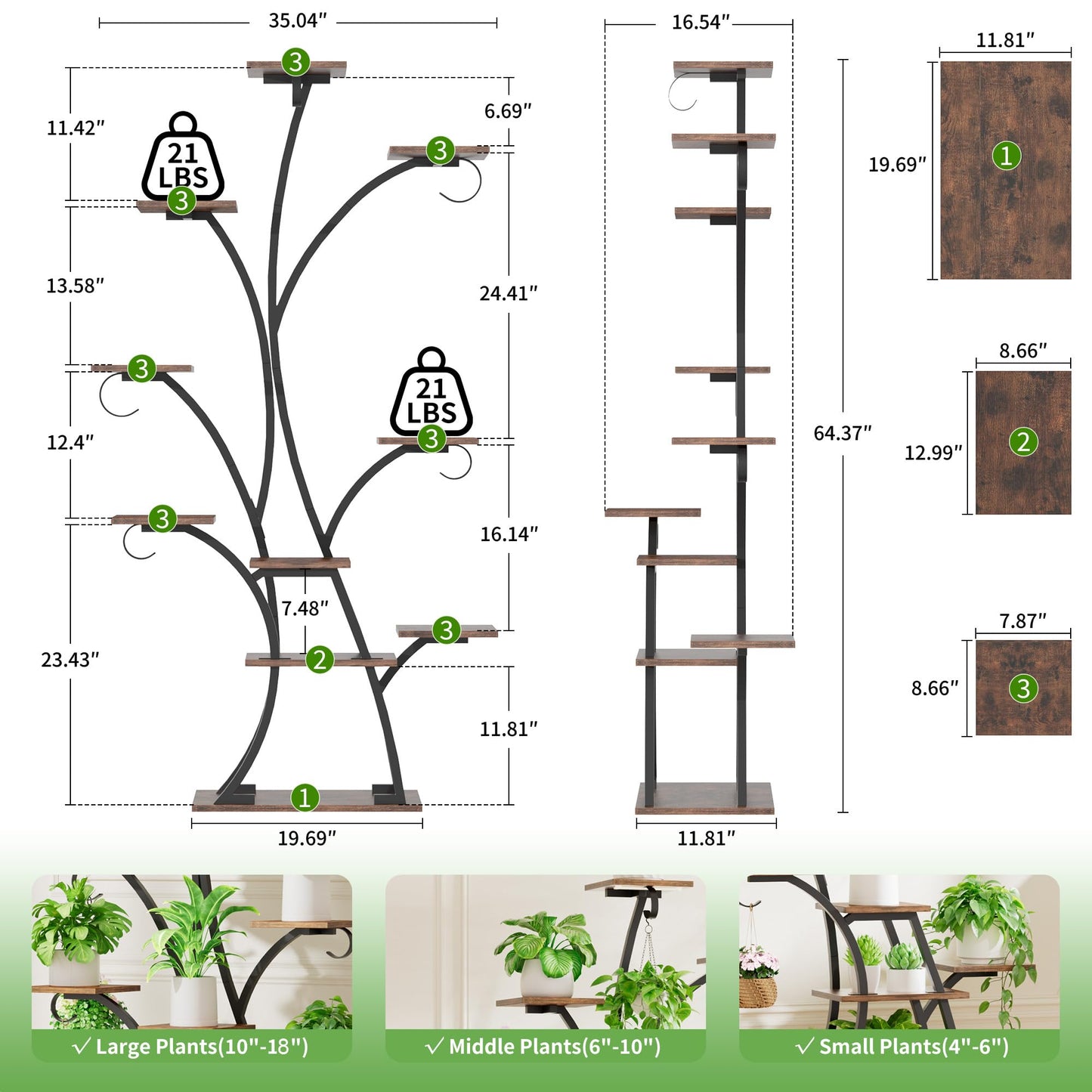 Plant Stand Indoor with Grow Lights - Lighted Plant Shelf Indoor, 64" Tall Corner Plant Stands for Indoor Growing, 10 Tier Flower Display Shelf, Large Tree-Shaped Holder for Home, Living Room, Black