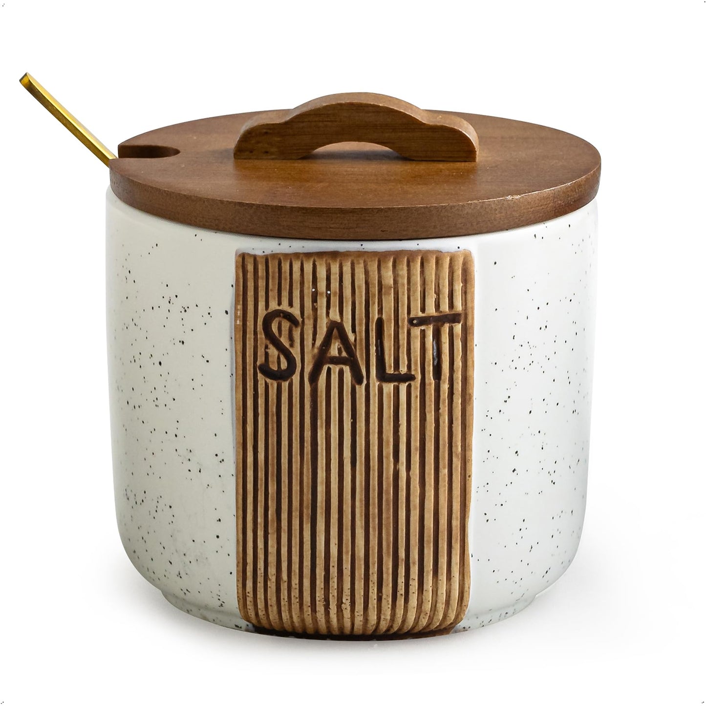 YHOJOY Salt Container for Countertop, Ceramic Salt Cellar with Lid and Spoons, 10 OZ Salt Bowl Holder for Mother's Day, White