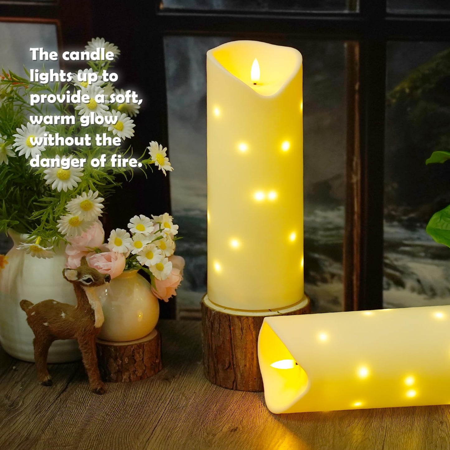 4" x10" Outdoor Flameless Candles Waterproof, Battery Operated LED Candles with Remote Control and Timer，Internal string lights，Ivory , Set of 2，Suitable for home decoration and holiday decoration