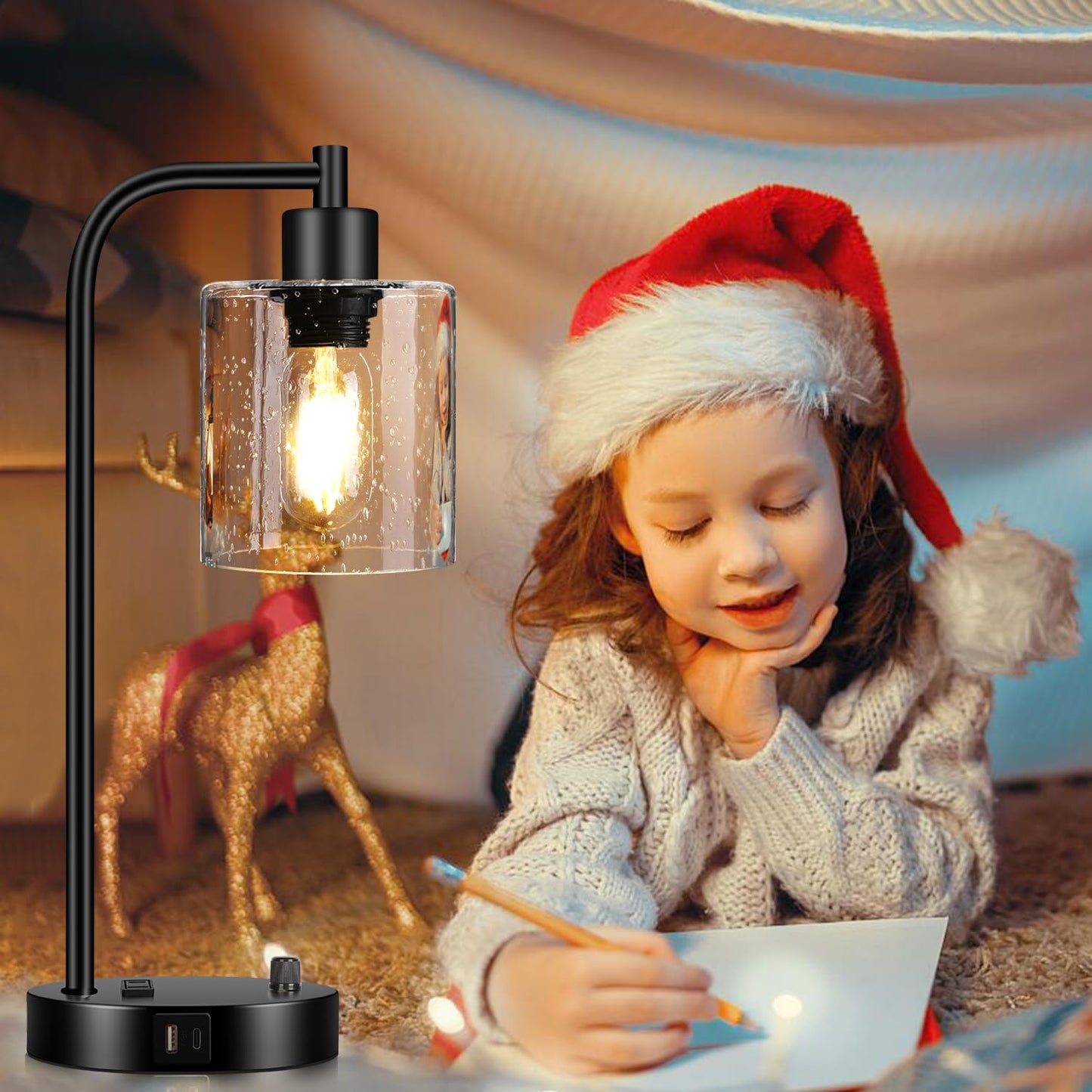 Set of 2 Industrial Table Lamps with USB C+A Ports and Outlet, Fully Stepless Dimmable Bedside Lamps for Bedrooms, Nightstand Lamp with Seed Glass Shade for Reading Living Room Office (Bulbs Included)