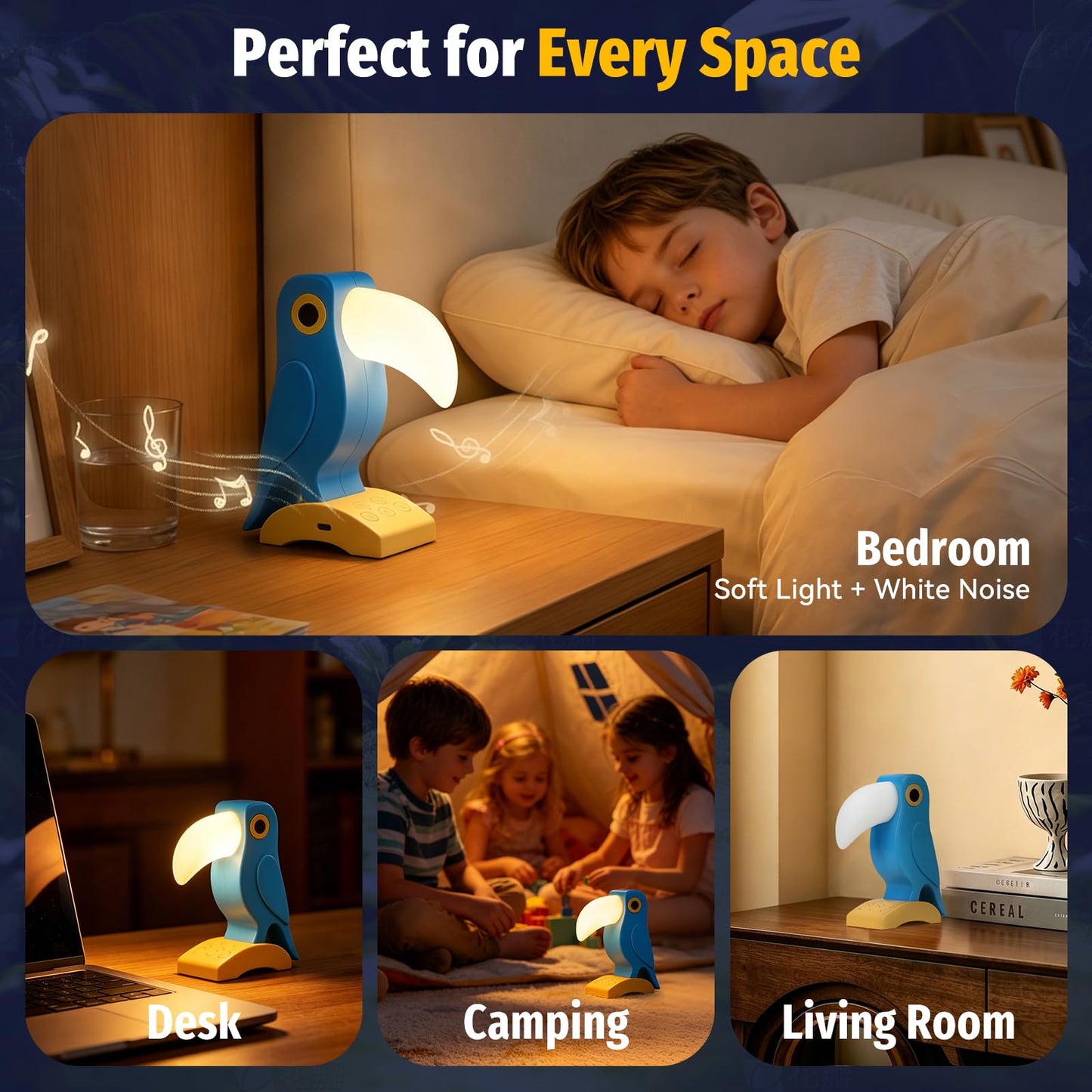 Aokpsrt Rechargeable Toucan Night Light with White Noise, Bird Table Lamp with RGB Mood Lighting, 3-Level Dimmable Warm Light, USB Bedside Lamp for Bedroom, Desk, Shelf, Blue