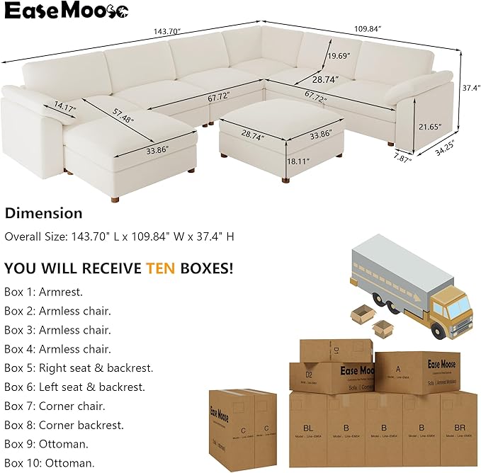 EASE MOOSE Oversized Sectional Modular Sofa，Comfty U Shape Sectional FSC
