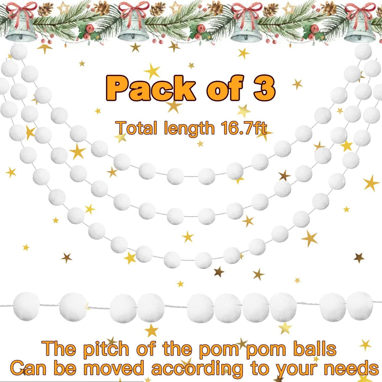 Jishi 3pk White Felt Pom Pom Garland Christmas Tree Decorations Indoor Home Decor, Cute Winter Wonderland Snow Ball Ornaments, Hanging String Pompom Snowball Beads, Xmas Holiday Birthday Party Banners