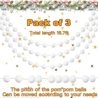Jishi 3pk White Felt Pom Pom Garland Christmas Tree Decorations Indoor Home Decor, Cute Winter Wonderland Snow Ball Ornaments, Hanging String Pompom Snowball Beads, Xmas Holiday Birthday Party Banners