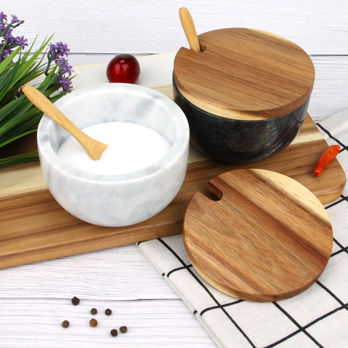 HESHIBI Salt Cellar Box with Lid & Spoon, Modern White Stone Salt or Pepper Sugar Spice Seasoning Bowl Container Jar Holder Well Keeper Dish Pig Crock for Kitchen (Marble Bowl Set)