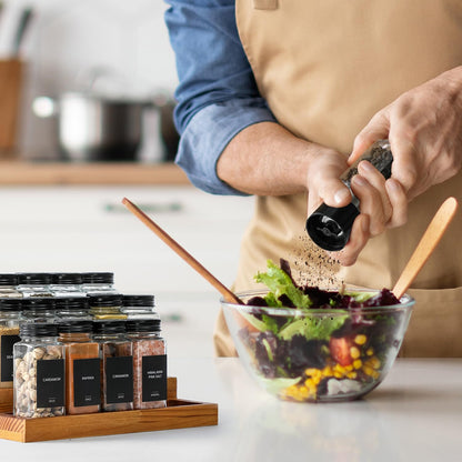 AOZITA 14 Pcs Glass Spice Jars with Spice Labels - 4oz Empty Square Spice Bottles - Shaker Lids and Airtight Metal Caps - Chalk Marker and Silicone Collapsible Funnel Included