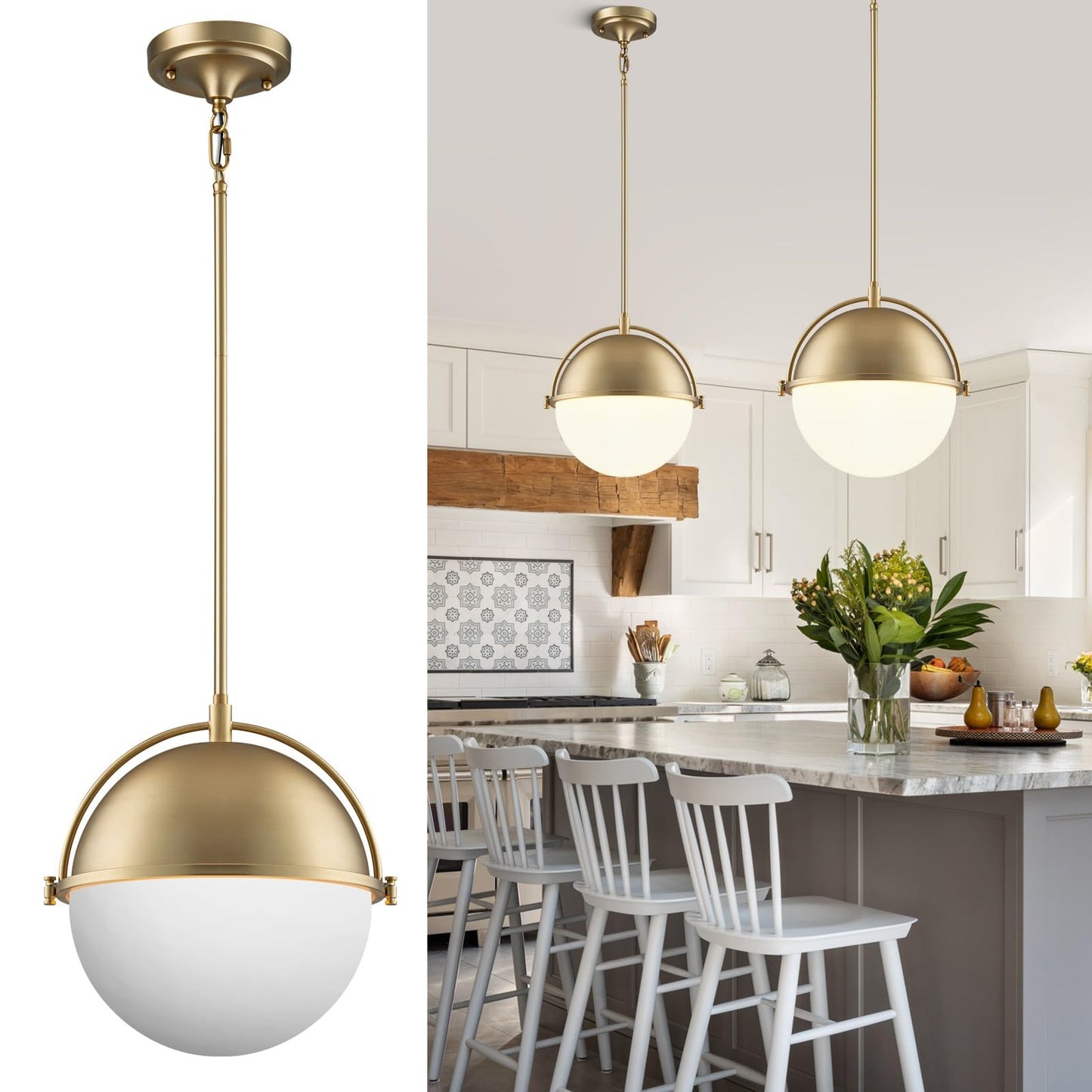 LOZOHOM 11.4 Inch Gold Globe Pendant Light Fixtures,Mid Century Modern Pendant Lights Kitchen Island with Milk Glass Shade, Adjustable Hanging Light Fixture for Kitchen Dining Room Bedroom Bathroom