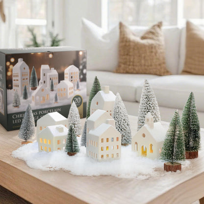 Zesua Christmas Decorations Indoor - Christmas Village Sets of 5 Ceramic Houses with LED Lights Remote and 9 Trees - Winter Rustic Farmhouse Home Holiday Xmas Decor for Mantel Tabletop Room